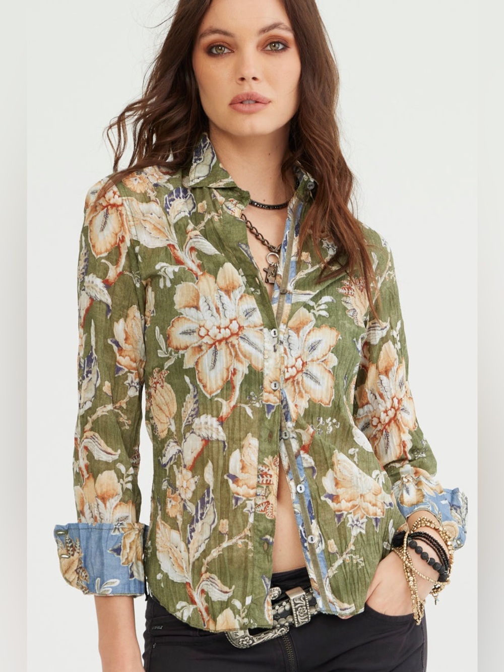 Cino Flora Tarragon Floral Button Down Shirt Olive Green Long Sleeve